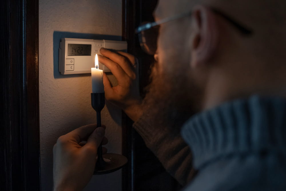 A man holding a candle to illuminate a wall thermostat during a power outage caused by electrical failures.