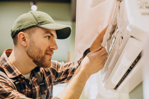 A technician in a green cap and plaid shirt inspecting an indoor AC unit, demonstrating how to Avoid Costly Repairs With Regular Air Conditioning System Checks.