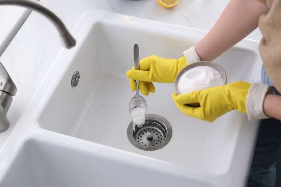 A person wearing yellow rubber gloves uses a spoon to pour baking soda down the drain to unclog a sink.
